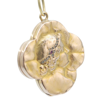 French Art Nouveau 18ct clover leaf locket set with diamonds and rubies
