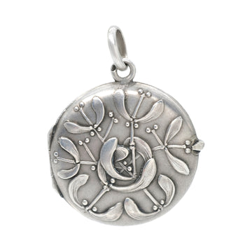 Antique Round Silver Locket Decorated with Mistletoe.