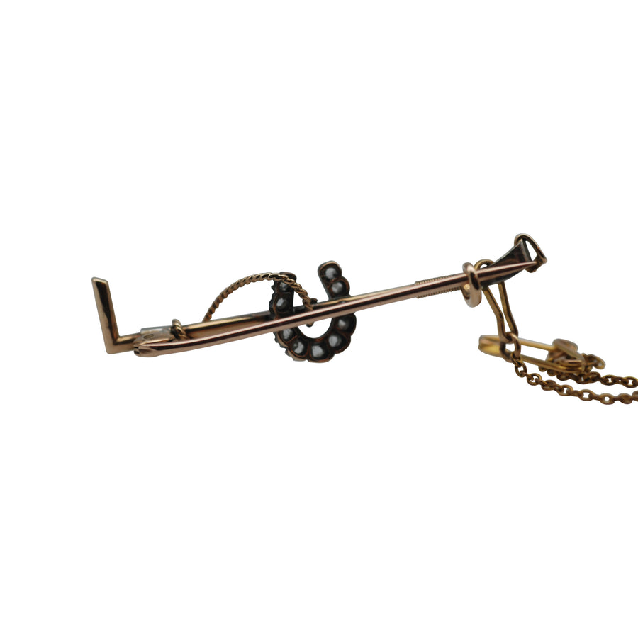 Victorian 9ct Gold Horseshoe and riding crop set with Rosecut Diamonds.