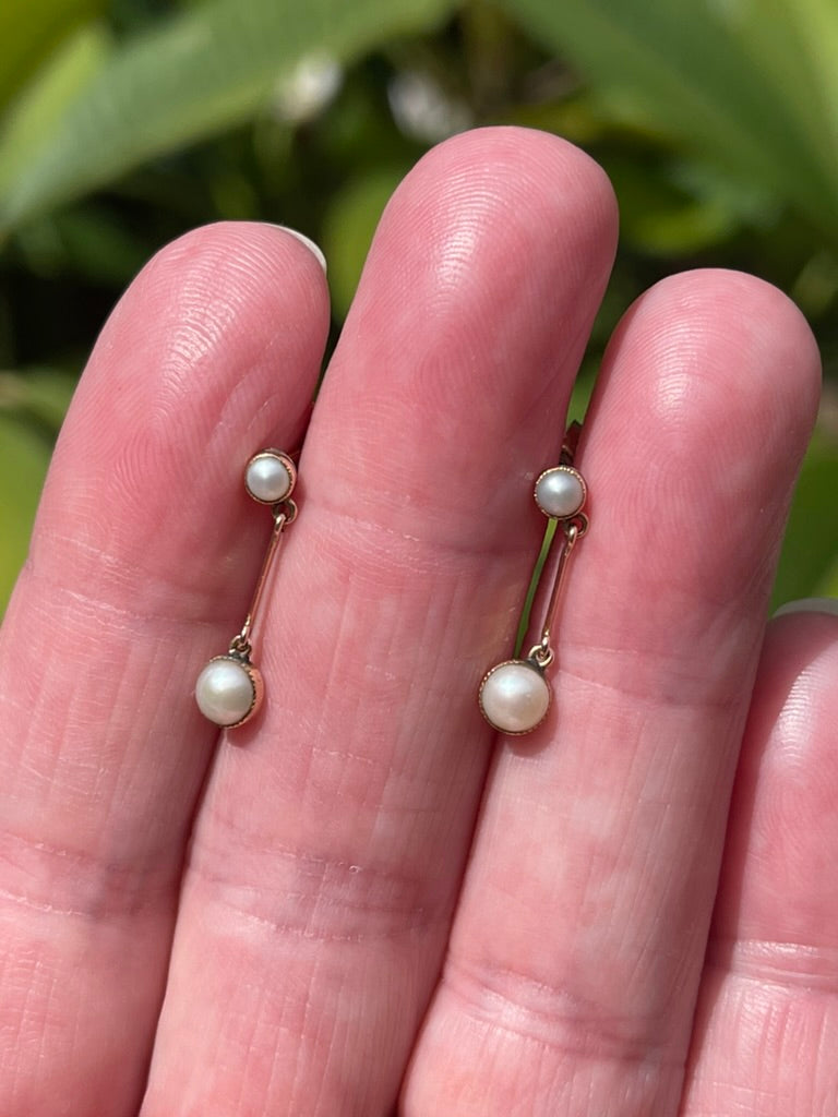 Edwardian 9ct Gold and Pearl Double Drop Earrings