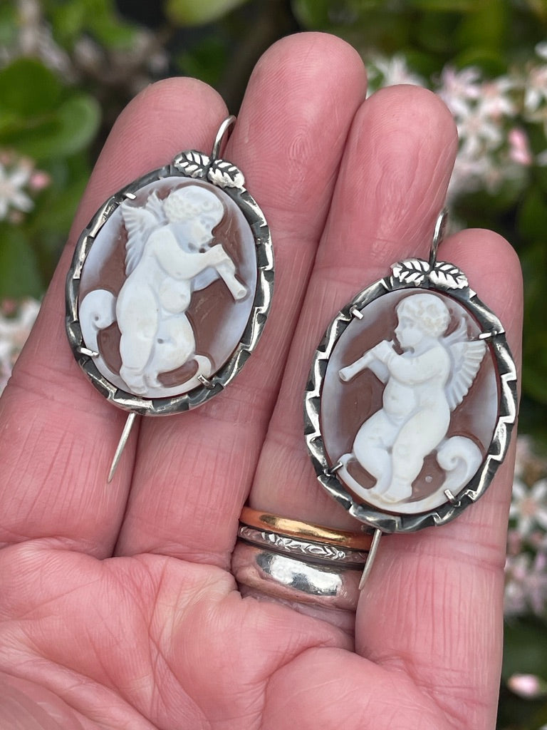 Antique Silver Cameo Putti Earrings