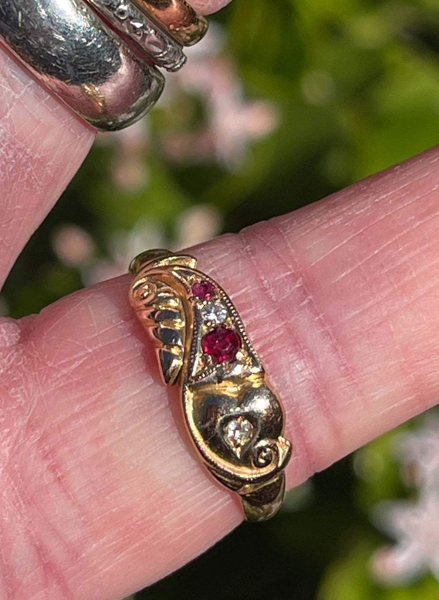 Antique Victorian 15ct Rose Cut Diamond and Ruby Ring