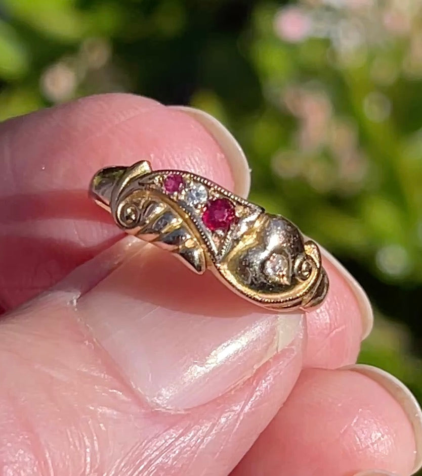 Antique Victorian 15ct Rose Cut Diamond and Ruby Ring