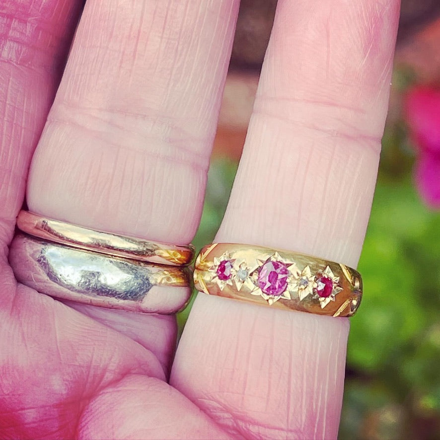 Antique 18ct Yellow Gold Ruby and Diamond Gypsy Set Ring.