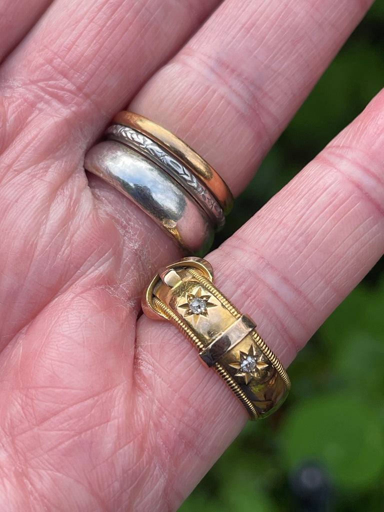 Antique Edwardian 18ct Gold and Double Diamond Buckle Ring