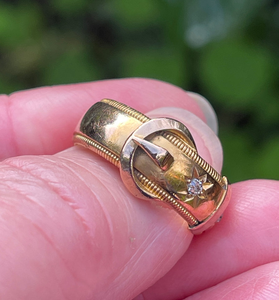 Antique Edwardian 18ct Gold and Double Diamond Buckle Ring