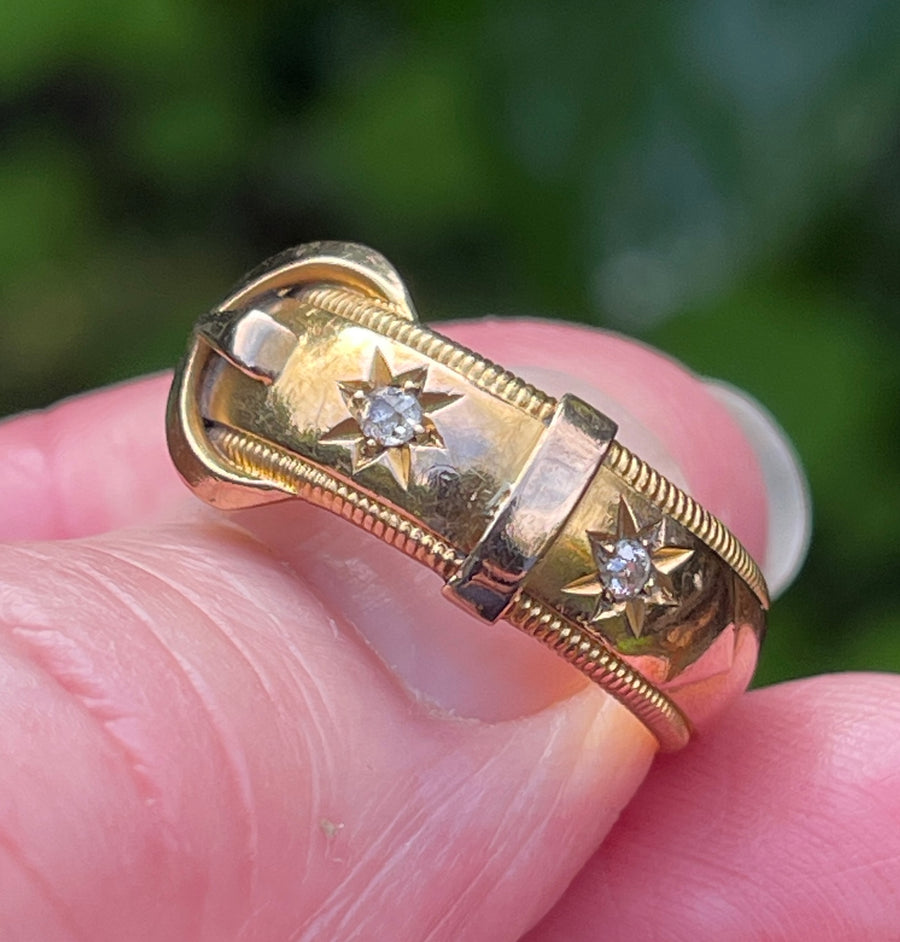 Antique Edwardian 18ct Gold and Double Diamond Buckle Ring