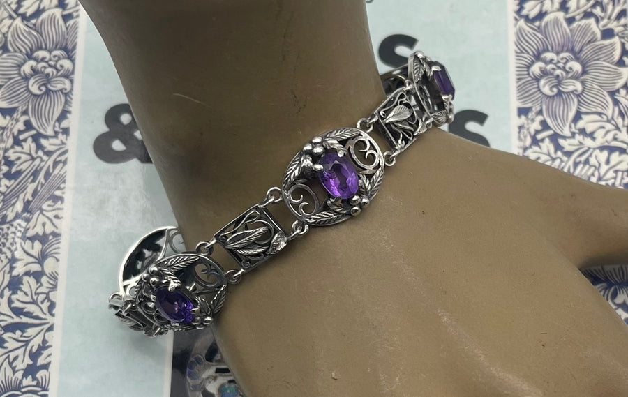 Vintage Silver Panel and Amethyst Bracelet