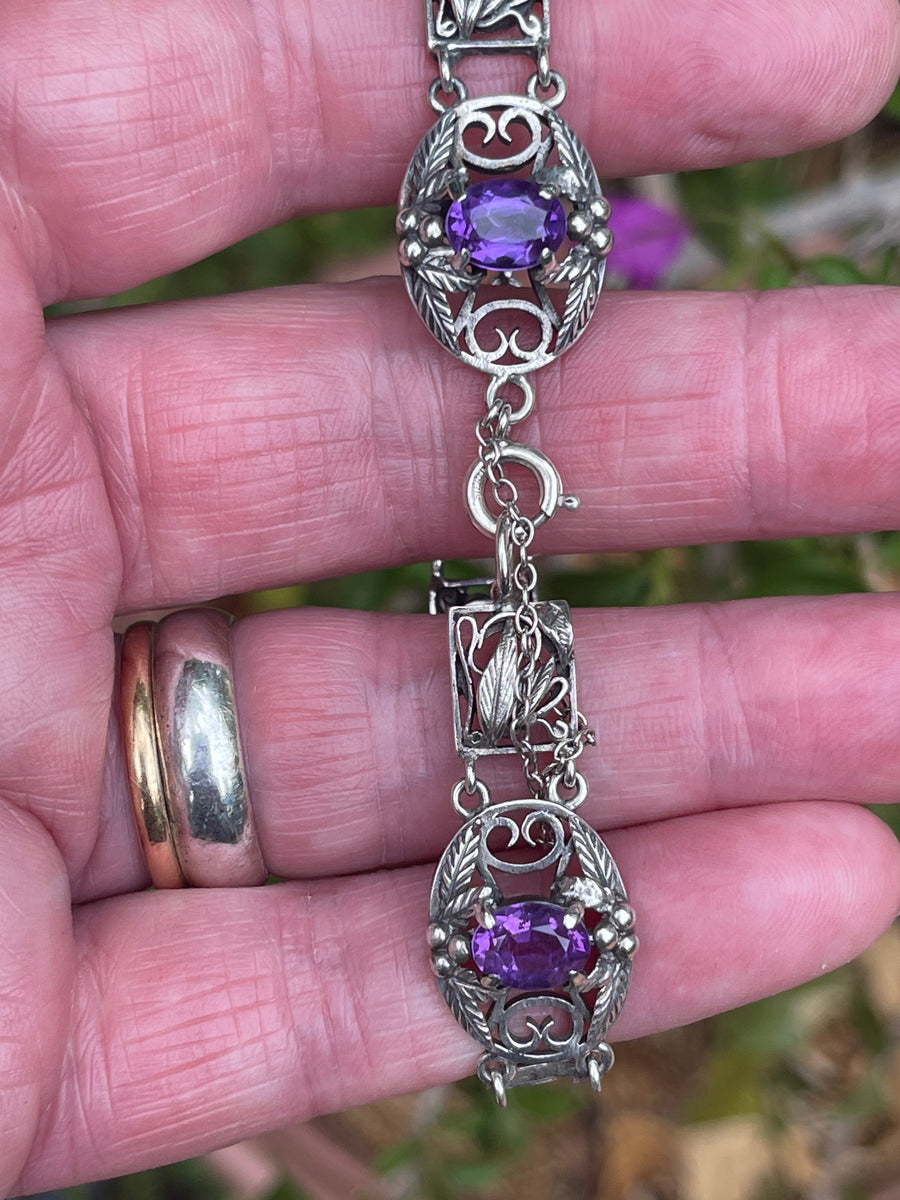 Vintage Silver Panel and Amethyst Bracelet