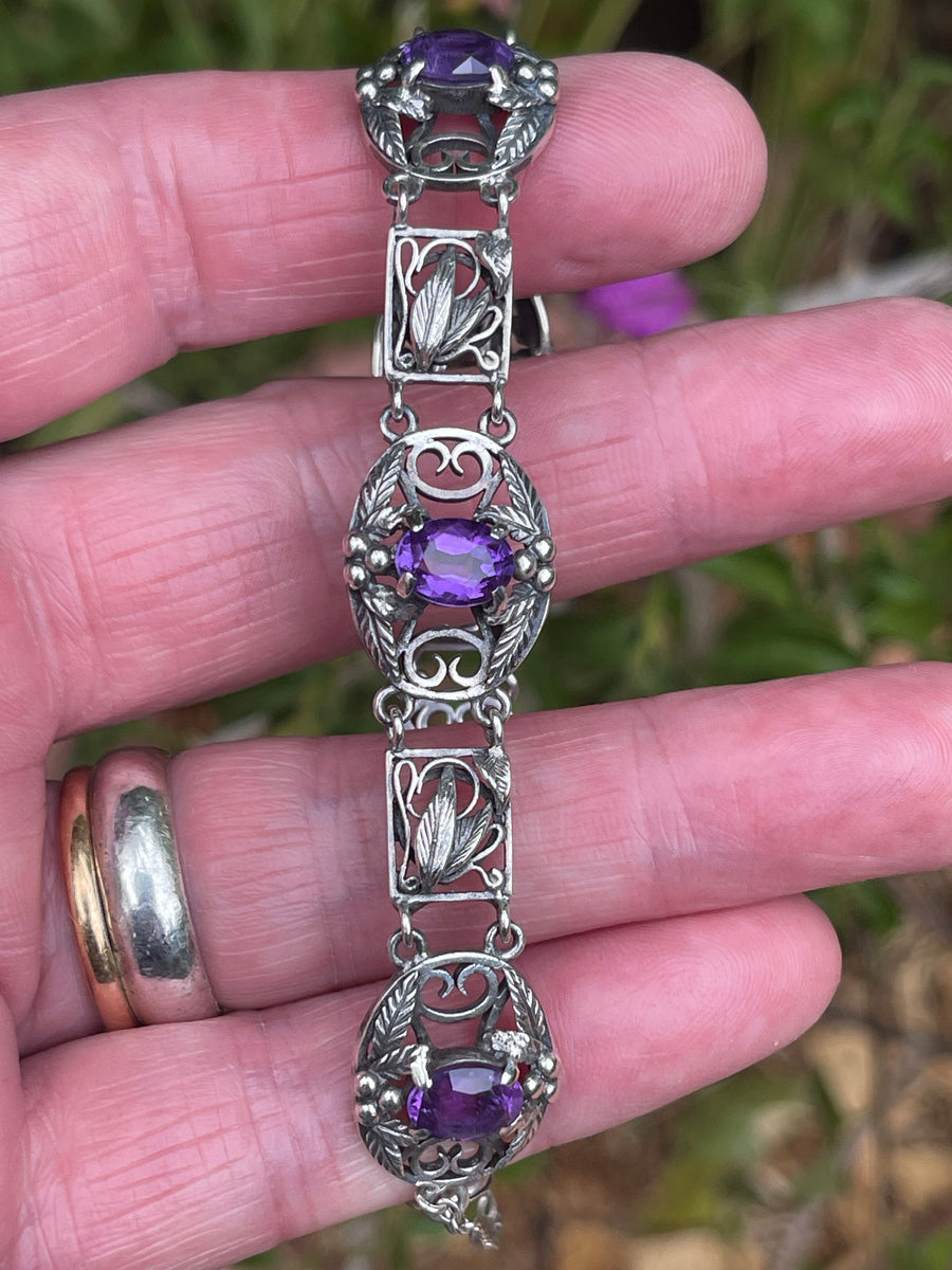 Vintage Silver Panel and Amethyst Bracelet