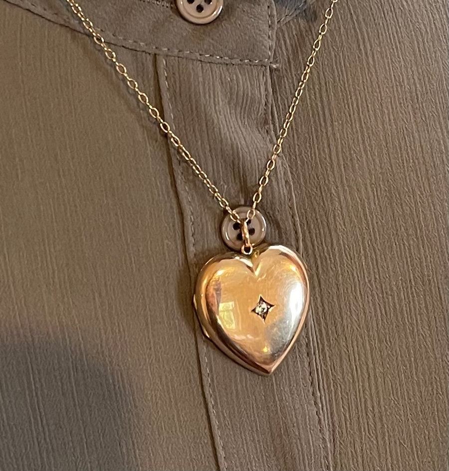 Antique 9ct Rose Gold Back & Front Diamond Set Heart Locket.