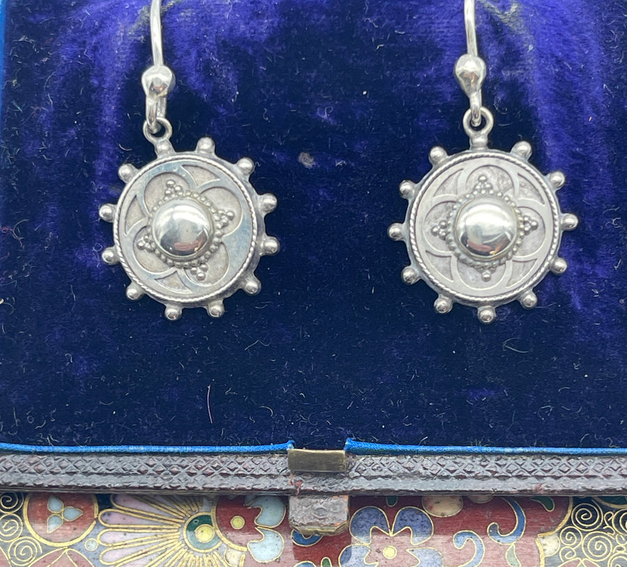 Antique Victorian Sterling Silver Round Earrings.