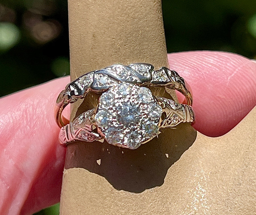 Antique Diamond Cluster Ring and Wedding Band