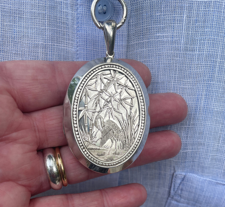 Antique Aesthetic Movement Large Silver Locket and Silver Collar.