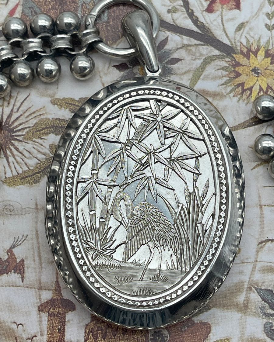 Antique Aesthetic Movement Large Silver Locket and Silver Collar.