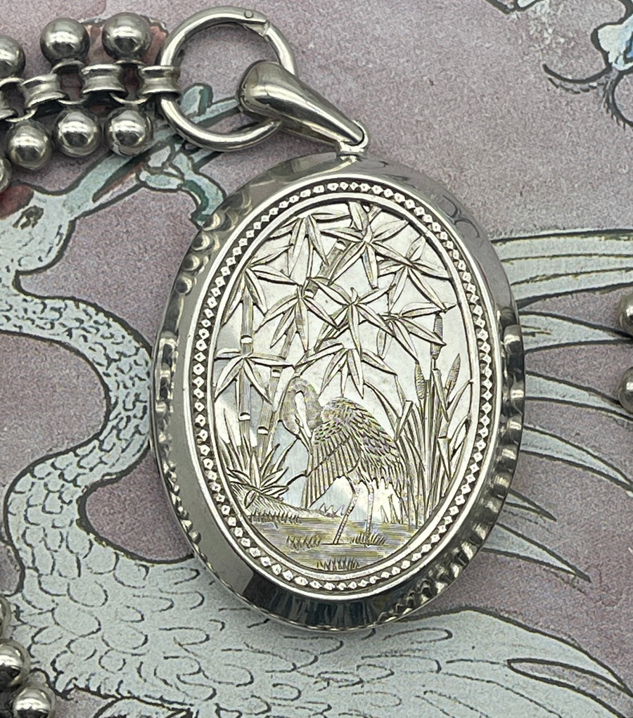 Antique Aesthetic Movement Large Silver Locket and Silver Collar.