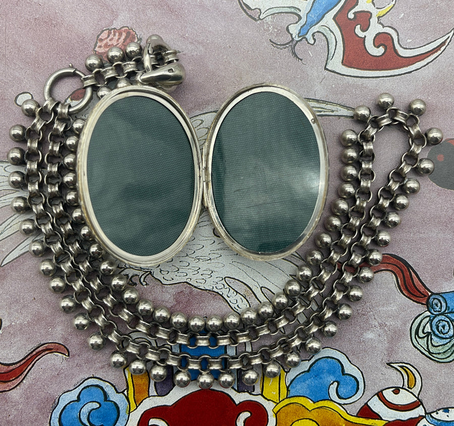Antique Aesthetic Movement Large Silver Locket and Silver Collar.