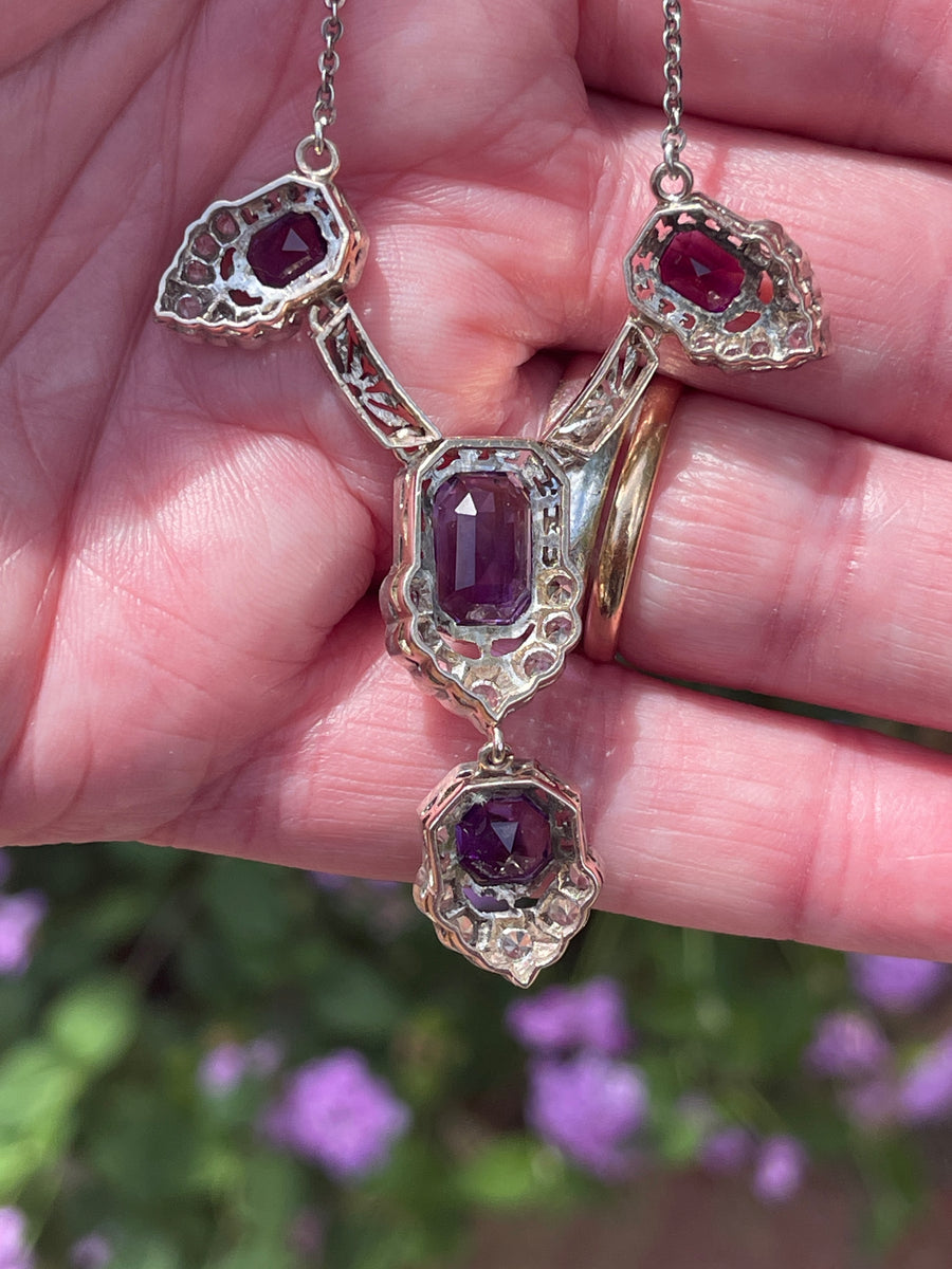 Antique Silver, Gold Amethyst and Synthetic White Sapphire Necklace