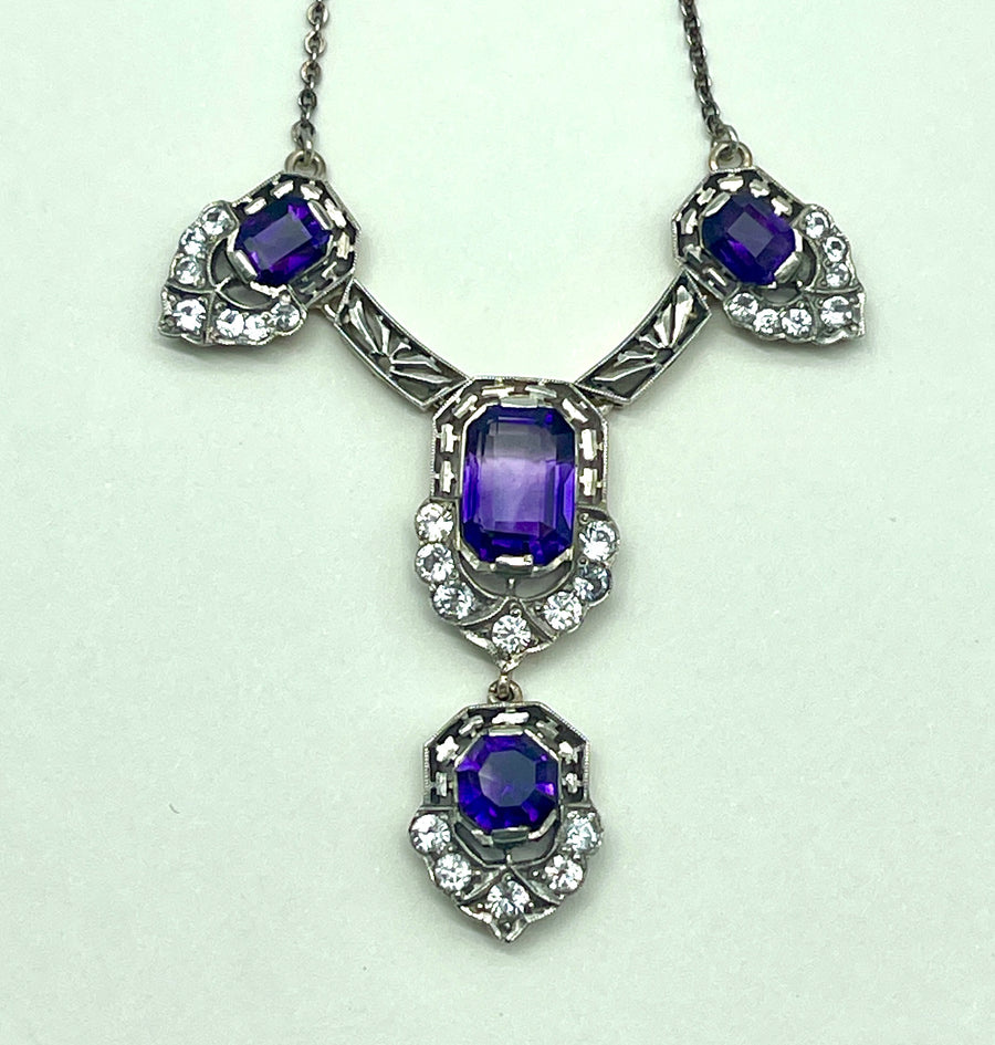 Antique Silver, Gold Amethyst and Synthetic White Sapphire Necklace