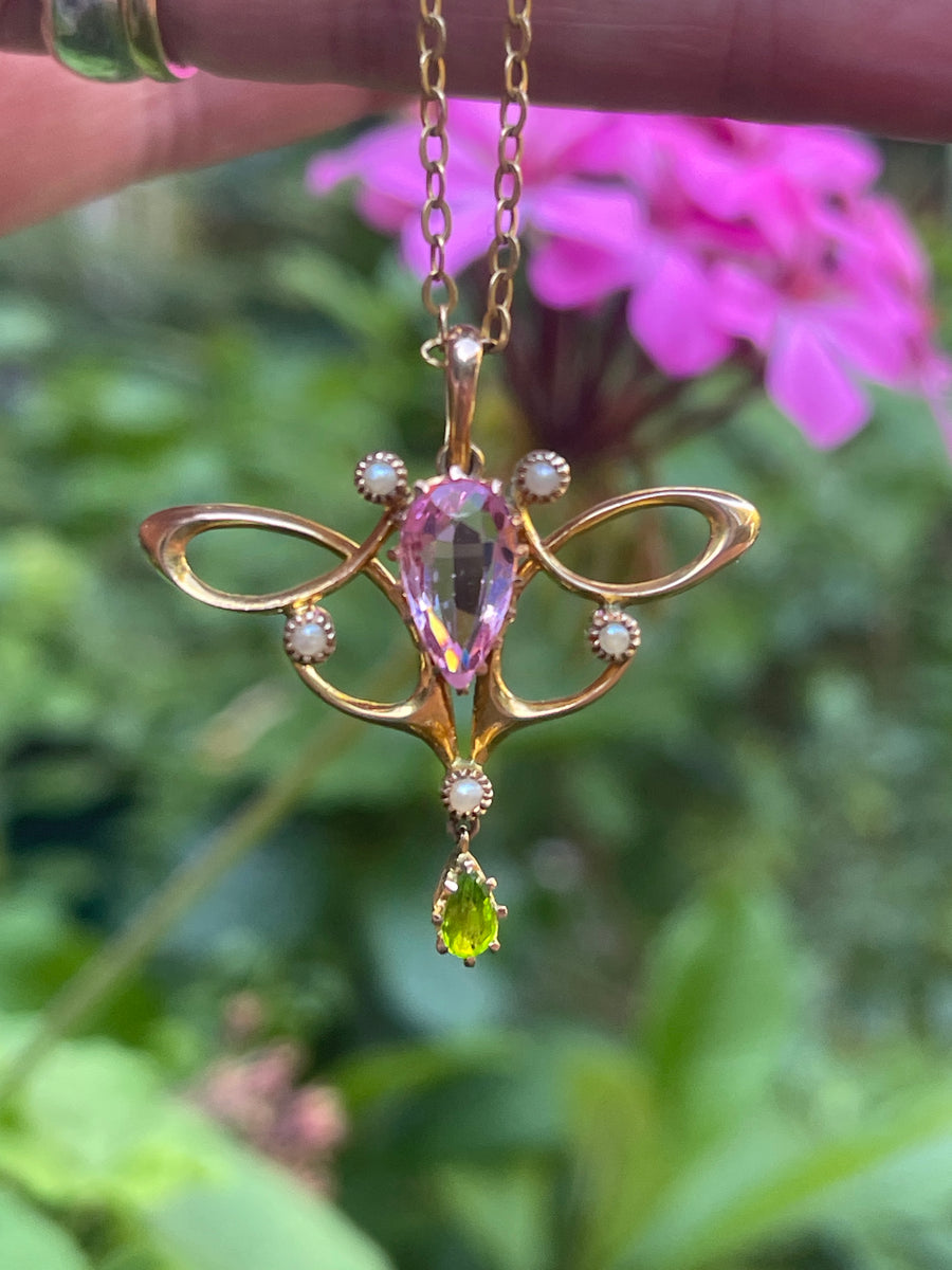 Antique Art Nouveau 9ct Gold Paste, Pearl and Tourmaline Pendant