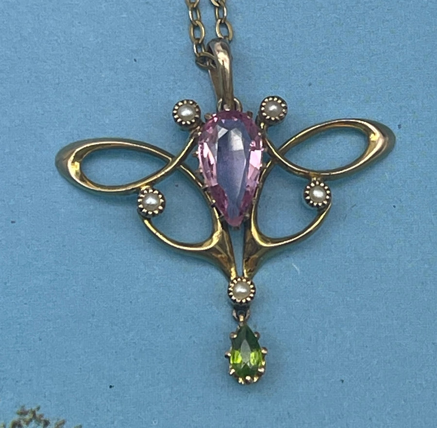 Antique Art Nouveau 9ct Gold Paste, Pearl and Tourmaline Pendant