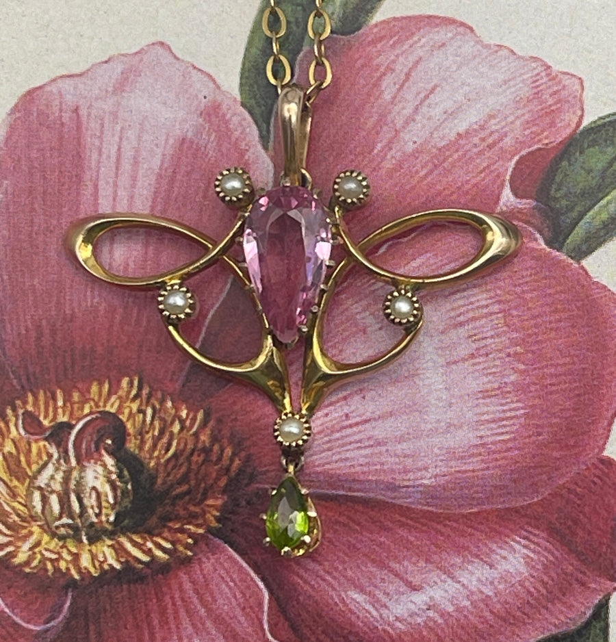 Antique Art Nouveau 9ct Gold Paste, Pearl and Tourmaline Pendant