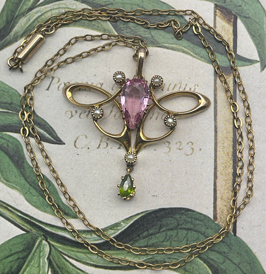 Antique Art Nouveau 9ct Gold Paste, Pearl and Tourmaline Pendant