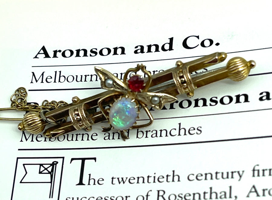 Antique Australian 9ct Rose Gold Bee Brooch Set with Opal Pearl and Garnet