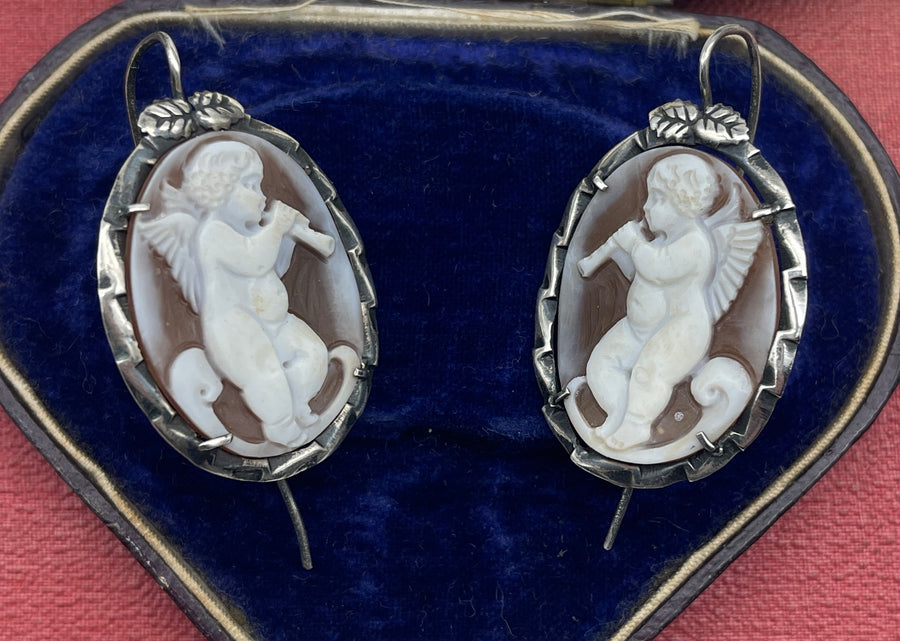 Antique Silver Cameo Putti Earrings