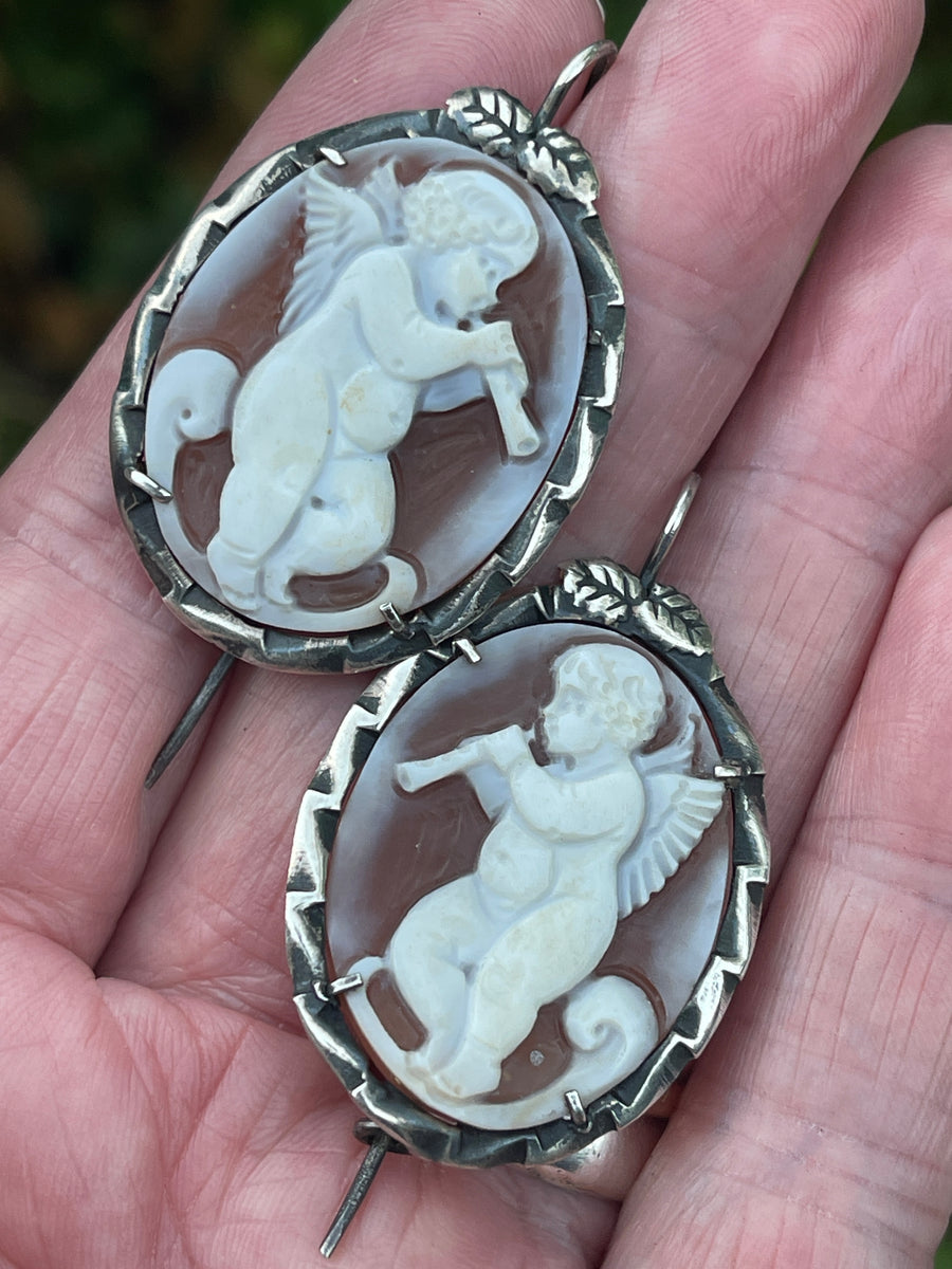 Antique Silver Cameo Putti Earrings