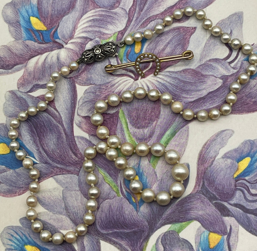 Vintage Cultured Akoya Pearls with Marcasite and Silver Clasp
