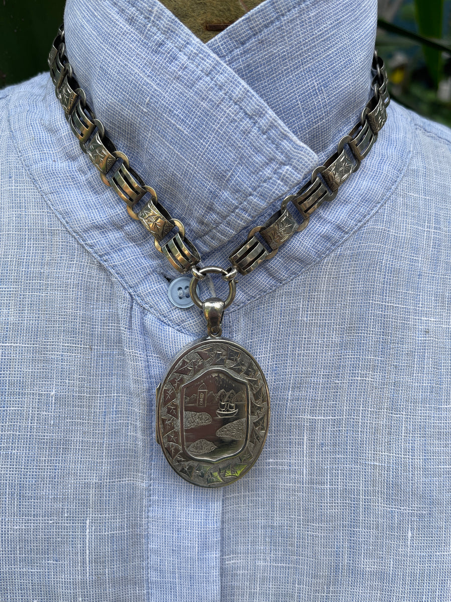 Antique Victorian Aesthetic Movement Oval Locket and Collar.