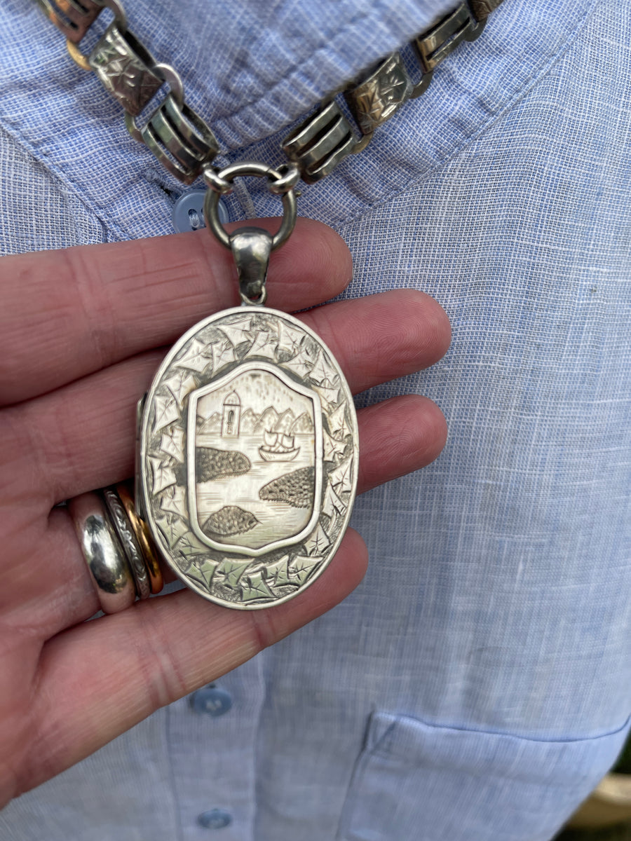 Antique Victorian Aesthetic Movement Oval Locket and Collar.