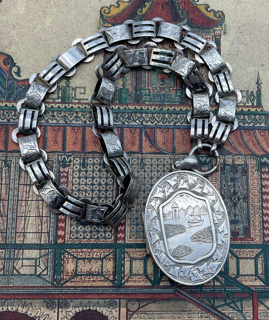 Antique Victorian Aesthetic Movement Oval Locket and Collar.