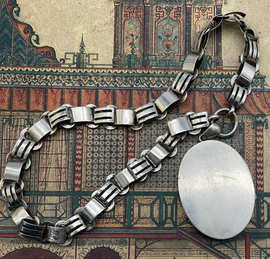 Antique Victorian Aesthetic Movement Oval Locket and Collar.
