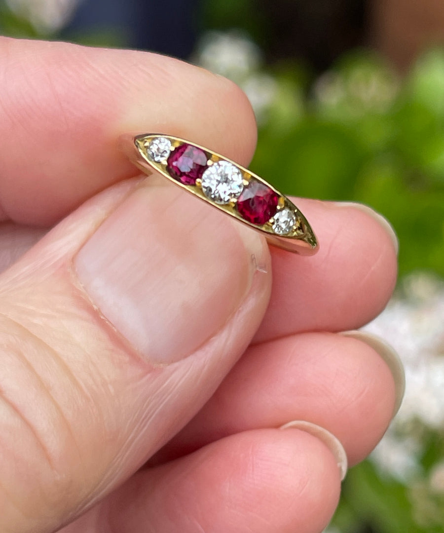 Antique 18ct Ruby and Diamond Boat Ring