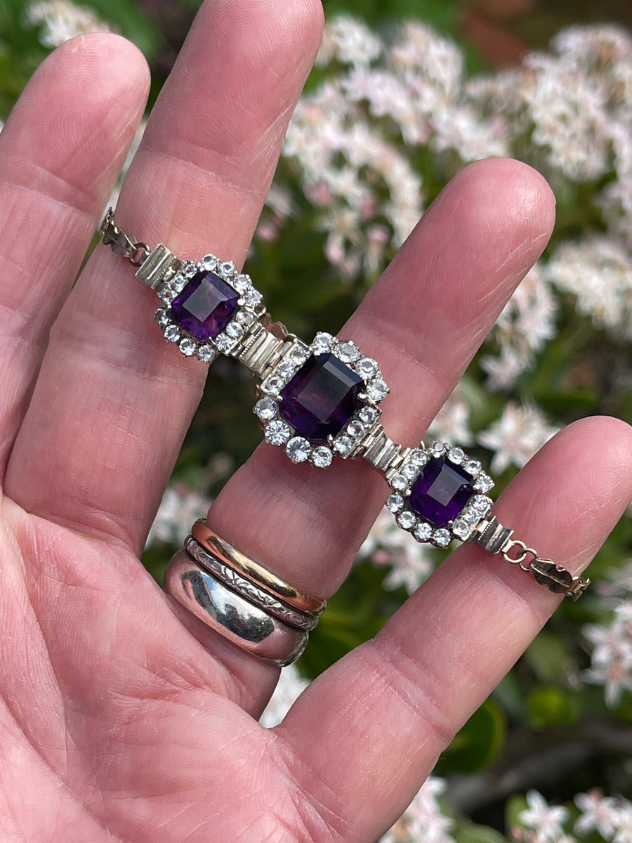 Edwardian Silver Amethyst and Synthetic White Sapphire Bracelet