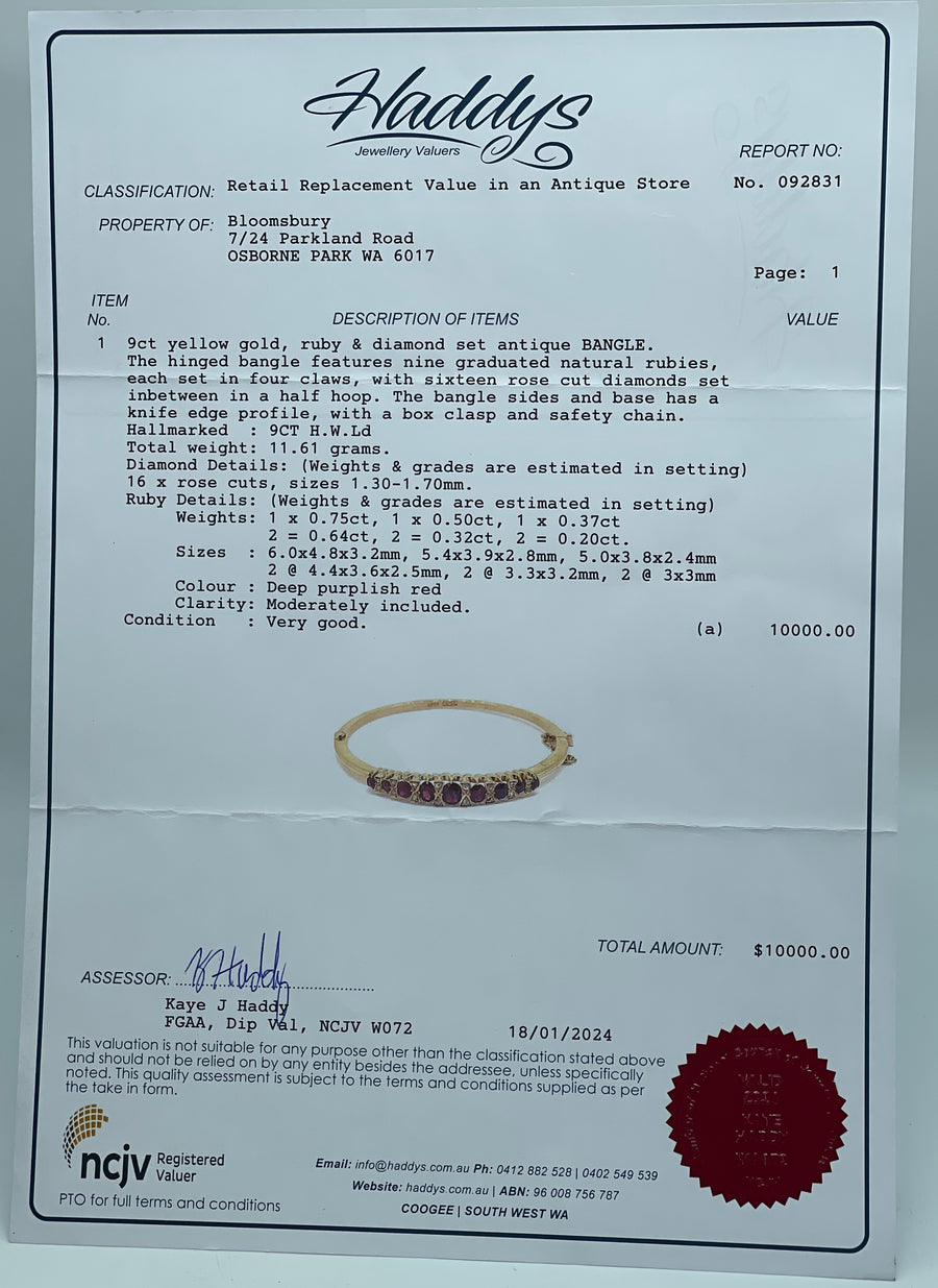 Antique 9ct Rose Gold Natural Ruby and Rose Cut Diamond Bangle.