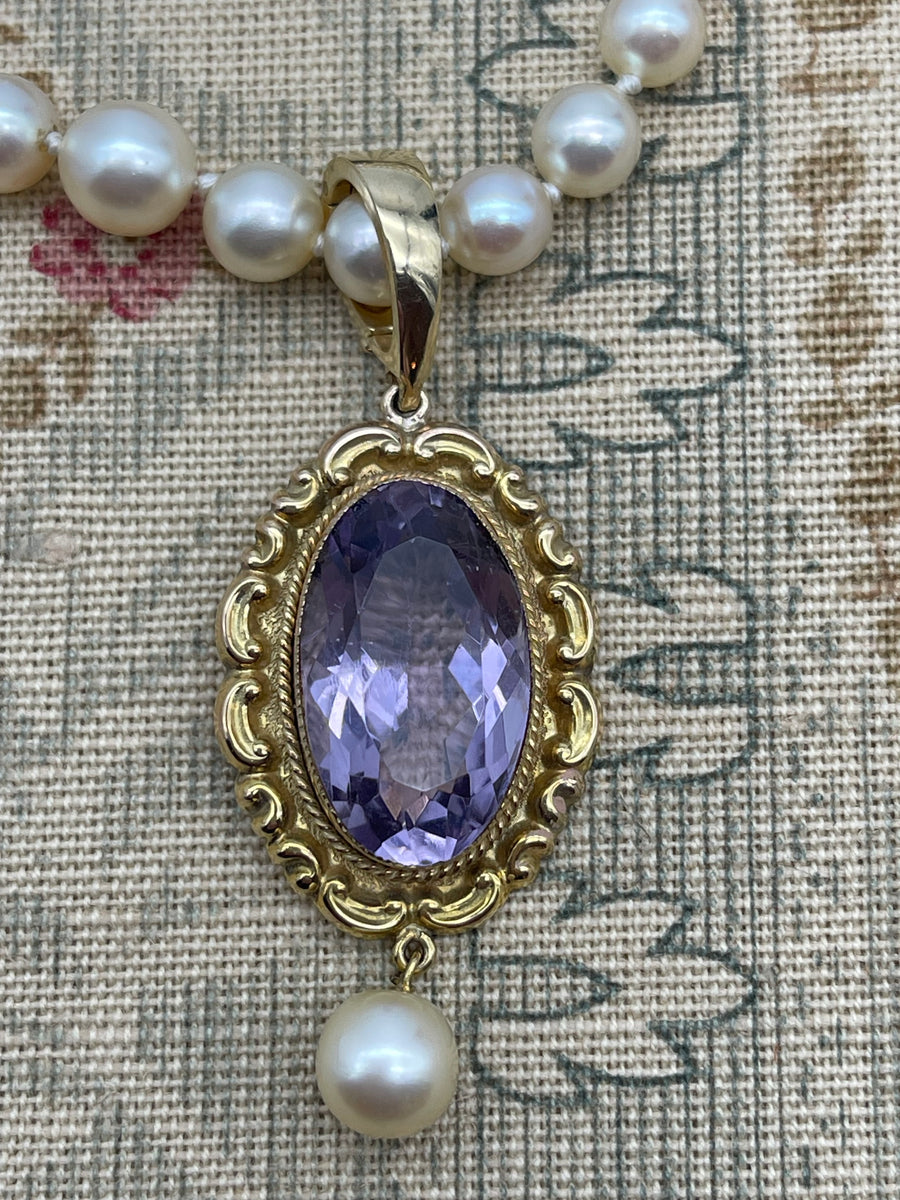Edwardian 9ct Gold Amethyst and Pearl Pendant/Enhancer