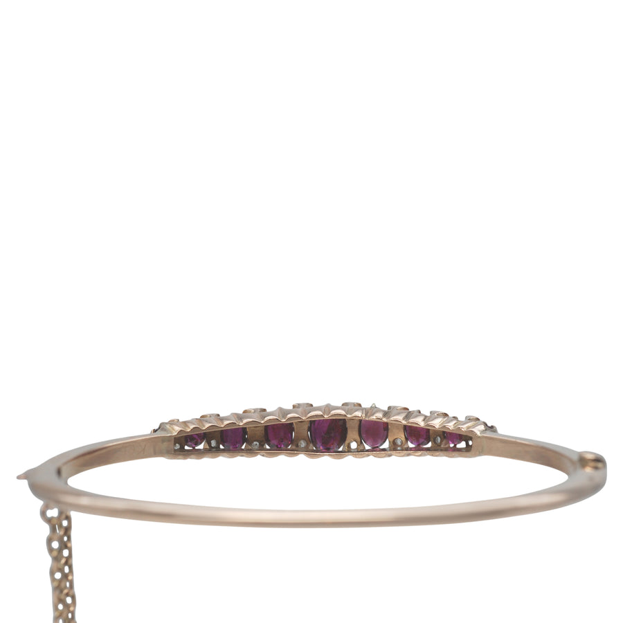 Antique 9ct Rose Gold Natural Ruby and Rose Cut Diamond Bangle.