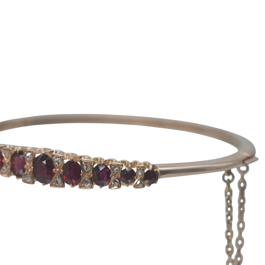 Antique 9ct Rose Gold Natural Ruby and Rose Cut Diamond Bangle.