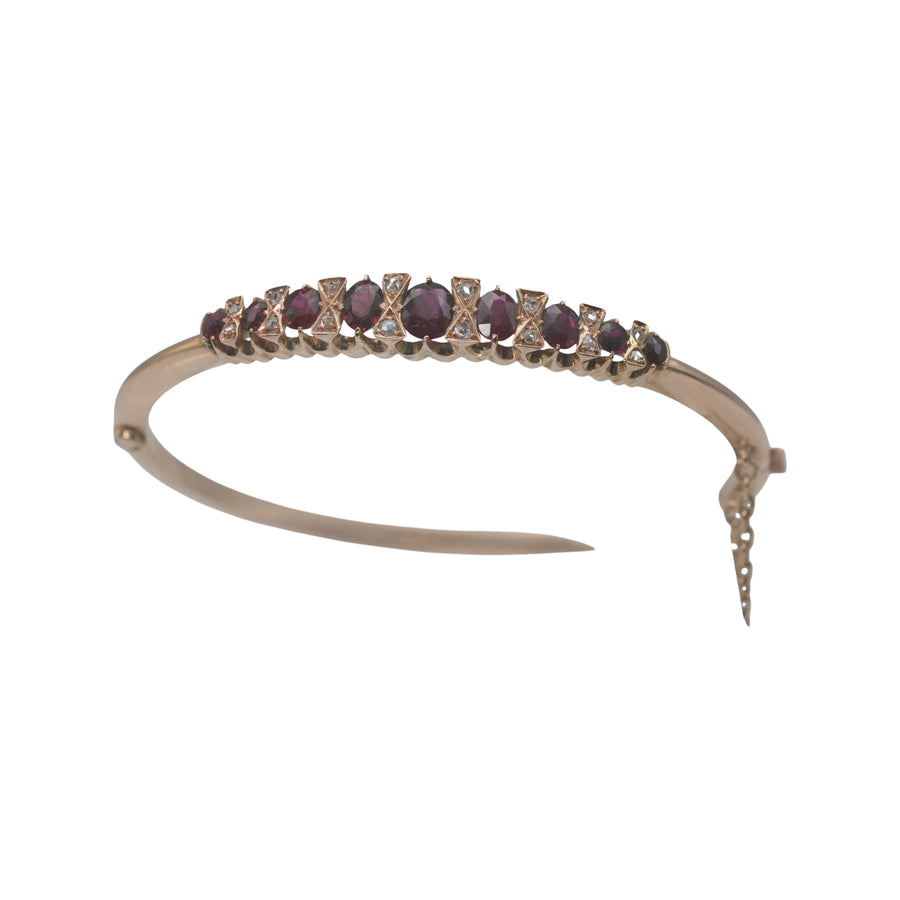 Antique 9ct Rose Gold Natural Ruby and Rose Cut Diamond Bangle.