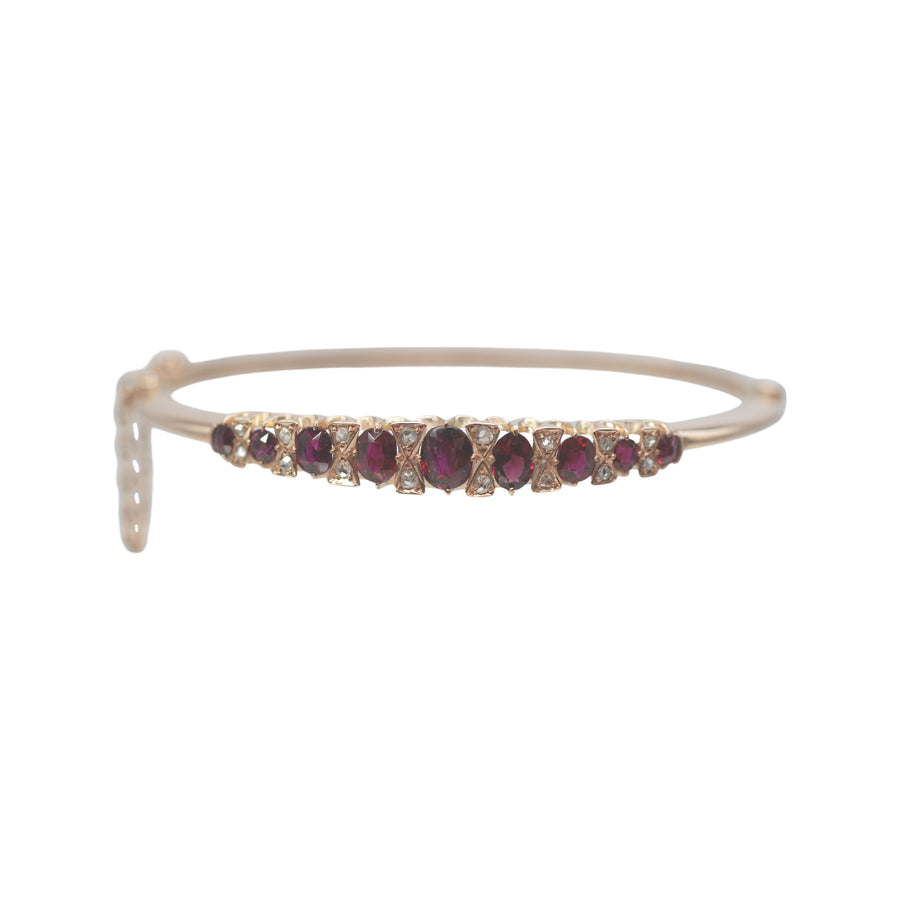 Antique 9ct Rose Gold Natural Ruby and Rose Cut Diamond Bangle.
