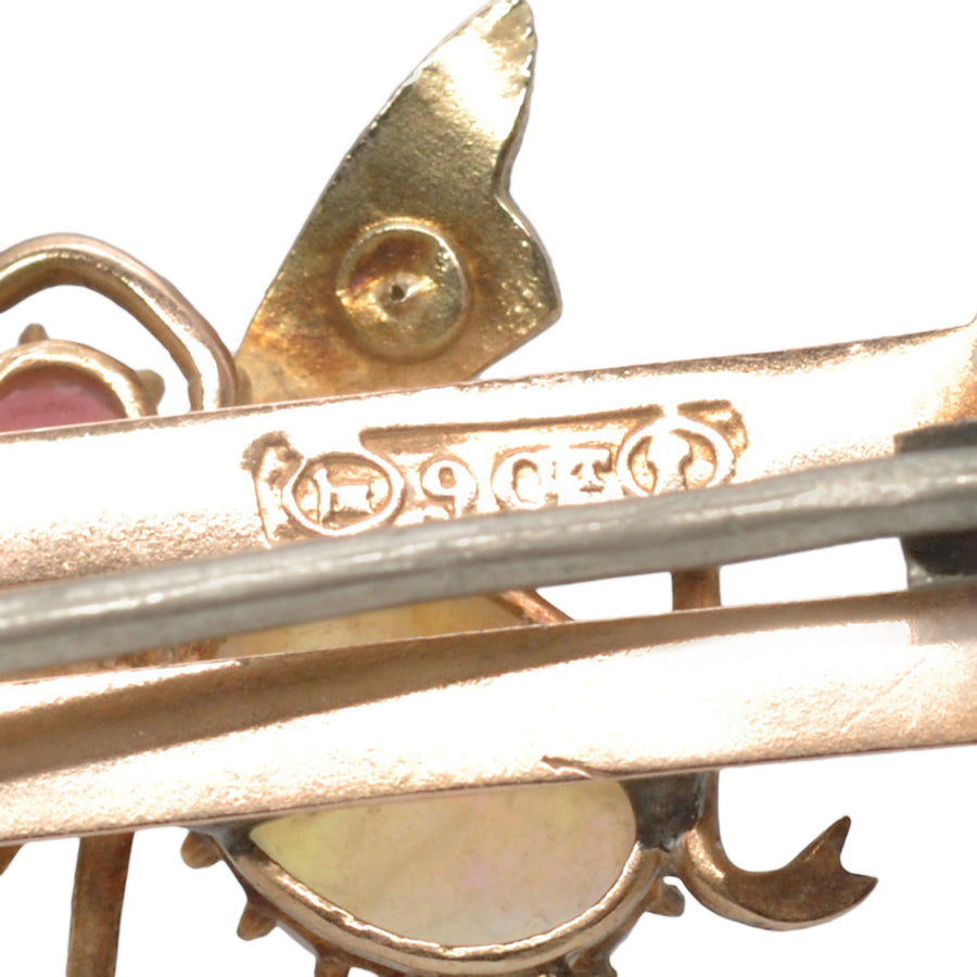 Antique Australian 9ct Rose Gold Bee Brooch Set with Opal Pearl and Garnet