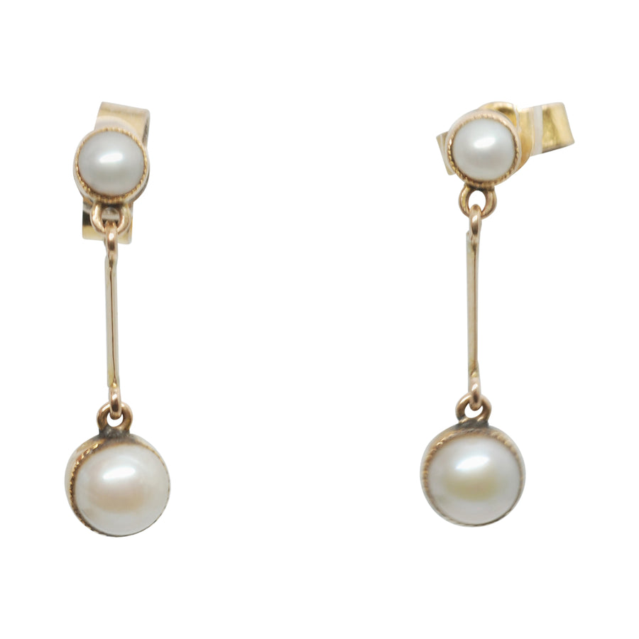 Edwardian 9ct Gold and Pearl Double Drop Earrings