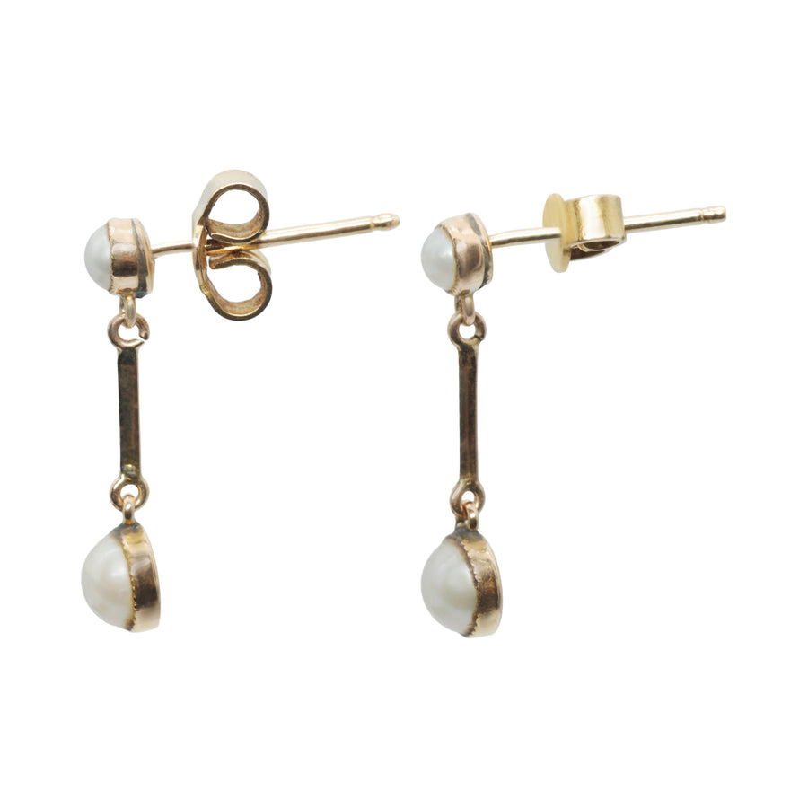 Edwardian 9ct Gold and Pearl Double Drop Earrings