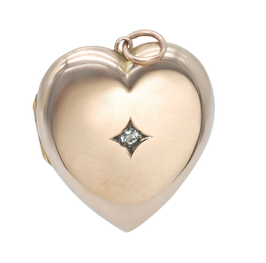 Antique 9ct Rose Gold Back & Front Diamond Set Heart Locket.