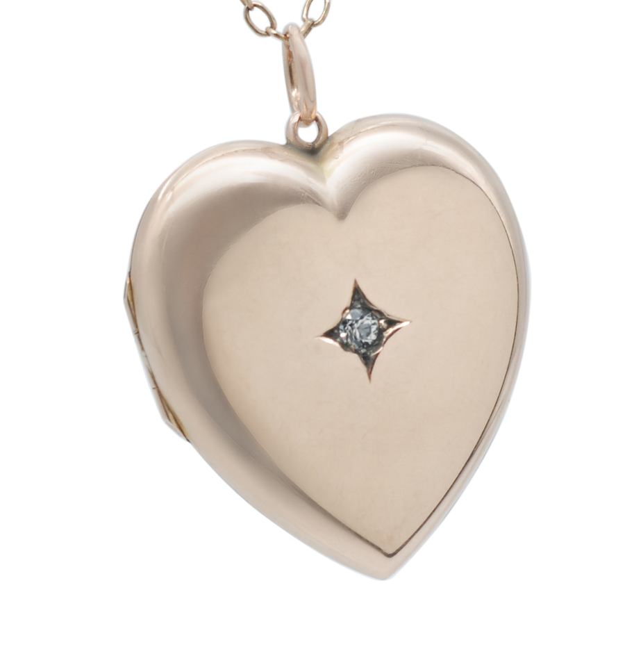 Antique 9ct Rose Gold Back & Front Diamond Set Heart Locket.