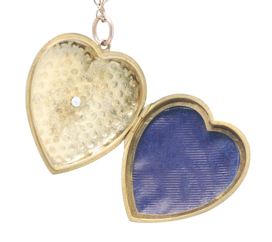 Antique 9ct Rose Gold Back & Front Diamond Set Heart Locket.