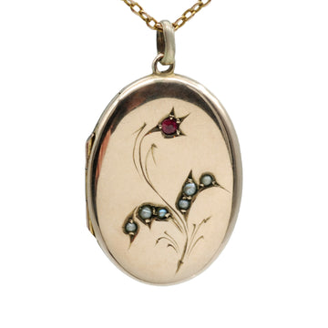 Antique 9ct Rose Gold Locket With Pearl and Red Stone.